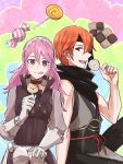  1boy 1girl :q biscuit blush candy chlxms fire_emblem fire_emblem_if gloves green_eyes gurei_(fire_emblem_if) hairband headband long_hair open_mouth orange_hair pink_hair scarf sitting soleil_(fire_emblem_if) teeth tongue tongue_out violet_eyes 