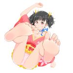  1girl artist_request bare_legs barefoot black_hair blush commentary_request feet floral_print hair_ribbon japanese_clothes kimono koutetsujou_no_kabaneri legs legs_up long_sleeves looking_at_viewer lying mumei_(kabaneri) neck_ribbon obi on_back panties pink_panties red_eyes ribbon sash short_hair soles solo toes twintails underwear wide_sleeves 