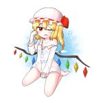  1girl blonde_hair blush bow crystal flandre_scarlet full_body hat long_sleeves looking_at_viewer mob_cap newdosirak one_eye_closed open_mouth seiza side_ponytail simple_background sitting solo tears touhou transparent_background wings 