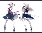  2girls alice_margatroid apron arms_up blonde_hair bloomers blue_dress blue_eyes book braid cierra_(ra-bit) dress full_body green_eyes hairband hand_on_own_face jojo_no_kimyou_na_bouken jojo_pose jpeg_artifacts kirisame_marisa letterboxed long_hair looking_at_viewer mary_janes multiple_girls necktie no_hat pose puffy_sleeves ribbon sash shirt shoes short_hair short_sleeves side_braid simple_background single_braid skirt skirt_set socks touhou underwear vest waist_apron white_background white_legwear 