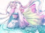  1girl alicetype closed_eyes floating_hair flower hair_flower hair_ornament hatsune_miku highres japanese_clothes kimono long_hair obi sash sitting solo twintails very_long_hair vocaloid 