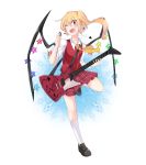  1girl ascot blonde_hair bow crystal flandre_scarlet full_body guitar hatoaster instrument looking_at_viewer one_eye_closed open_mouth short_sleeves side_ponytail simple_background solo touhou transparent_background 