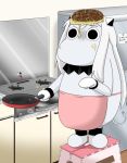  (o)_(o) apron comic commentary cooking food food_on_face food_on_head horns jewelry kantai_collection kitchen long_hair md5_mismatch mittens moomin muppo northern_ocean_hime object_on_head okonomiyaki sazanami_konami shinkaisei-kan standing_on_object step stool stove translated 