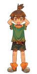  1boy belt blush brown_eyes brown_hair dwarf dwarf_boy_(pop-up_story) eyebrows fang full_body highres pointy_ears pop-up_story shorts smile solo topknot transparent_background 