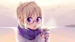 1girl baked_potato blonde_hair braid eating food fuzuki_fuuro glasses olive!_believe_&quot;olive&quot;? open_mouth scarf solo tachibana_chie violet_eyes 