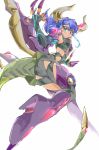  1girl absurdres blue_hair dragon_girl green_eyes highres horns kat_(4681526) looking_back multicolored_hair ponytail serena_(yuu-gi-ou_arc-v) simple_background solo starve_venom_fusion_dragon starve_venom_fusion_dragon_(cosplay) tail two-tone_hair white_background yuu-gi-ou yuu-gi-ou_arc-v 