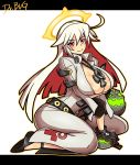 1girl black_gloves blonde_hair breasts dr._omonemushi gloves guilty_gear guilty_gear_xrd halo highres jack-o_(guilty_gear) large_breasts long_hair pink_eyes redhead seiza sitting smile solo thighs 
