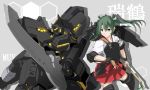  1girl airplane background_text bad_id boots bow_(weapon) copyright_name crossover flight_deck green_eyes green_hair hakama_skirt kantai_collection looking_away machinery mecha mototaro muneate muvluv namesake sword thigh-highs thigh_boots twintails weapon yugake zuikaku_(kantai_collection) 