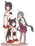  +_+ 3girls ahoge black_hair blue_hair blush bow bowtie commentary_request crossed_arms detached_sleeves dress fusou_(kantai_collection) grey_eyes grey_hair hair_between_eyes hair_ornament highres kantai_collection kiyoshimo_(kantai_collection) long_hair low_twintails multicolored_hair multiple_girls nontraditional_miko obi open_mouth pantyhose pleated_skirt red_eyes riz_(ravel_dc) sash seiza shirt short_hair sitting skirt sleeveless sleeveless_dress socks sparkle standing sweatdrop twintails very_long_hair white_shirt wide_sleeves yamashiro_(kantai_collection) 