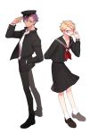 1boy 1girl blonde_hair crossdressing ensemble_stars! gakuran glasses hat narukami_arashi one_eye_closed otogari_adonis red-framed_glasses school_uniform serafuku skirt violet_eyes yellow_eyes