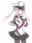  1girl blonde_hair blue_eyes capelet graf_zeppelin_(kantai_collection) hat jakey jewelry kantai_collection long_hair pantyhose peaked_cap ring skirt smile solo twintails uniform wedding_band 