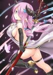  1girl ass back black_gloves blue_eyes blush boots braid breasts butterfly butterfly_hair_ornament demon_horns eyelashes gloves granblue_fantasy hair_ornament hair_over_one_eye hairclip heart high_heel_boots high_heels holding holding_sword holding_weapon horns knee_boots large_breasts lavender_hair long_hair looking_at_viewer miyuki_rei narumeia_(granblue_fantasy) no_panties one_eye_covered parted_lips petals pointy_ears purple_hair sheath sideboob single_thighhigh sleeveless solo sword tassel thigh-highs thigh_boots thigh_strap unsheathing weapon 
