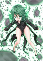  1girl black_dress blush curly_hair dress green_eyes green_hair highres looking_at_viewer one-punch_man oosato_haya short_hair solo stone tatsumaki telekinesis 