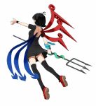  1girl asymmetrical_wings back back_cutout black_dress black_hair black_legwear dress from_behind full_body grimay houjuu_nue mary_janes outstretched_arm polearm shoes short_hair short_sleeves simple_background snake solo thigh-highs touhou trident weapon white_background wings wrist_cuffs zettai_ryouiki 
