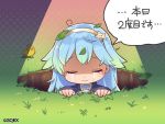  1girl :&gt; ahoge bird blue_hair closed_eyes crying eve_ainsworth grass hairband hole leaf long_hair official_art pop-up_story solo tears translation_request 