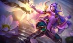  1girl blade boots cleavage_cutout detached_sleeves flower green_eyes irelia knee_boots league_of_legends long_hair lotus michelle_hoefener official_art order_of_the_lotus_irelia purple_hair solo very_long_hair 