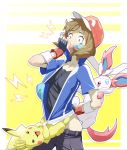  baseball_cap blue_eyes brown_hair cosplay covered_mouth forced gloves hat materclaws pikachu pokemon pokemon_(anime) pokemon_(creature) satoshi_(pokemon) satoshi_(pokemon)_(cosplay) scared serena_(pokemon) sylveon thunder undressing 
