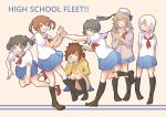  6+girls blue_skirt brown_hair clipboard closed_eyes falling hair_ornament hair_ribbon hairclip hand_on_own_face hat high_school_fleet holding_hands irizaki_mei long_hair misaki_akeno multiple_girls munetani_mashiro nosa_kouko ponytail red_ribbon ribbon sailor_collar school_uniform serafuku shiretoko_rin shoes simple_background skirt smile socks tateishi_shima twintails white_hair 