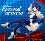  1girl alternate_costume ass blue_eyes blue_hair crown cup detached_sleeves drinking_glass hand_on_headwear hand_on_hip high-cut_armor high_heels ichigou_miya mini_crown persona persona_4 shirogane_naoto short_hair solo thigh-highs wine_glass 