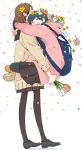  2girls black_hair brown_hair brown_legwear carrying center_(majisuka_gakuen) closed_eyes couple flower hair_flower hair_ornament head_wreath hug leg_lock long_hair majisuka_gakuen multiple_girls nezumi_(majisuka_gakuen) pantyhose petals rarariot yuri 