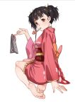  1girl bare_legs barefoot black_hair brown_eyes brown_hair feet floral_print geta hair_ribbon japanese_clothes kimono koutetsujou_no_kabaneri mumei_(kabaneri) obi party_horn popoccpo ribbon sandals sash shoes_removed short_hair soles solo twintails 