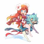  2girls amamiya_kaoruko animal_ears blue_eyes blue_hair brown_hair detached_sleeves gradient_hair kanamiya_akira kuromiya long_hair multicolored_hair multiple_girls original redhead riding short_hair simple_background thigh-highs 