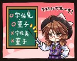  1girl :t brown_eyes brown_hair chalkboard dress glasses hat hat_ribbon long_sleeves lowres pote_(ptkan) pout purple_dress red-framed_glasses ribbon shirt solo stick touhou translation_request usami_sumireko 