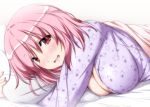  1girl :d alternate_costume bed_sheet blanket blush breasts cleavage eyebrows eyebrows_visible_through_hair large_breasts lips long_sleeves looking_at_viewer lying nori_tamago nose_blush on_stomach open_mouth pajamas pillow pillow_hug pink_eyes pink_hair saigyouji_yuyuko short_hair smile solo star_print touhou under_covers upper_body wavy_mouth 