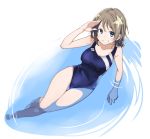  1girl blue_eyes brown_hair competition_swimsuit grin love_live!_school_idol_project love_live!_sunshine!! one-piece_swimsuit partially_submerged salute short_hair smile solo swimsuit ushiki_yoshitaka watanabe_you water 