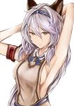  1girl animal_ears armpits arms_behind_head bare_shoulders braid breasts cat_ears commentary_request contemporary granblue_fantasy hair_between_eyes hair_intakes hair_tubes hairband heles large_breasts long_hair looking_at_viewer nannacy7 sideboob silver_hair single_braid solo upper_body very_long_hair yellow_eyes 