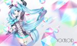  1girl arm_up blue_eyes blue_hair copyright_name dress gloves hatsune_miku headphones highres long_hair magical_mirai_(vocaloid) mokona1107 open_mouth solo thigh-highs thigh_strap twintails very_long_hair vocaloid 