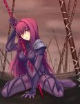  1girl between_breasts breasts fate/grand_order fate_(series) highres nero_(houtarou423) polearm purple_hair red_eyes scathach_(fate/grand_order) sitting solo spear wariza weapon 