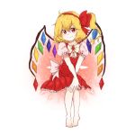  1girl attocho blonde_hair bow closed_mouth crystal flandre_scarlet full_body hair_bow hat looking_at_viewer mob_cap open_eyes red_eyes side_ponytail sitting smile solo touhou transparent_background 