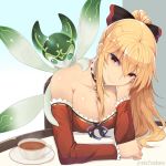  1girl bare_shoulders blonde_hair bow breasts chevallier cleavage cup granblue_fantasy hair_bow long_hair looking_at_viewer ponytail smile solo sts tea teacup twitter_username vira 