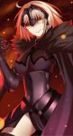  1girl absurdres ahoge armor bad_id black_legwear blonde_hair breasts cape dark_persona fate/grand_order fate/stay_night fate_(series) headgear highres jeanne_alter large_breasts open_mouth paperfinger ruler_(fate/apocrypha) ruler_(fate/grand_order) short_hair smile solo teeth thigh-highs thighs type-moon yellow_eyes 