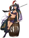  1girl aqua_eyes awakening_(sennen_sensou_aigis) barrel bird black_coat boots bracelet breasts cape cleavage coat eyepatch full_body green_eyes gun hat hat_feather jewelry long_hair midriff musket navel necklace official_art over_shoulder parrot pirate pirate_hat ponytail purple_boots purple_hair rachel_(sennen_sensou_aigis) sennen_sensou_aigis skirt solo very_long_hair weapon 