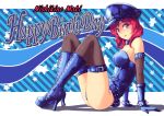  1girl :o alternate_costume arm_belt arm_support ass bangs bare_shoulders belt black_legwear blue_background blue_boots blue_gloves blue_hat boots bracelet breasts character_name collar cross-laced_footwear english fish.boy from_side full_body gloves happy_birthday hat high_heel_boots high_heels highres jewelry lace-up_boots leaning_back leotard looking_at_viewer love_live!_school_idol_project nishikino_maki peaked_cap redhead shade shadow sitting solo spiked_bracelet spikes star strapless strapless_leotard striped striped_background swept_bangs thigh-highs thigh_strap violet_eyes 