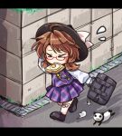  &gt;_&lt; 1girl bag brown_hair closed_eyes dress flying_sweatdrops food_in_mouth glasses hat hat_ribbon long_sleeves lowres mouth_hold ominous_shadow panda pote_(ptkan) purple_dress red-framed_glasses ribbon running school_bag shirt solo sunny_side_up_egg toast toast_in_mouth touhou usami_sumireko 