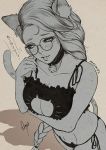  1girl animal_ears artist_name bell blush braid breasts cat_cutout cat_lingerie cleavage cleavage_cutout collar collarbone glasses jingle_bell lips long_hair looking_to_the_side low-tied_long_hair magion02 monochrome navel shiny shiny_skin solo tail very_long_hair 