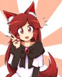  /\/\/\ 1girl :d animal_ears brooch commentary dress fang fingernails imaizumi_kagerou jewelry long_hair long_sleeves looking_at_viewer nail_polish open_mouth red_eyes red_nails redhead sharp_fingernails smile solo tail touhou upper_body v very_long_hair white_dress wolf_ears wolf_tail wool_(miwol) 
