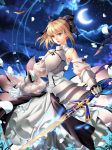  1girl absurdres armor armored_dress black_bow blonde_hair bow caliburn clouds cowboy_shot crescent_moon dress expressionless fate/unlimited_codes fate_(series) gloves green_eyes hair_bow highres moon night saber saber_lily short_hair sky solo soucl sword weapon white_dress 