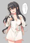  1girl black_hair blush breasts cleavage commentary grey_background hair_between_eyes highres kantai_collection long_hair long_sleeves looking_to_the_side multicolored_hair naganami_(kantai_collection) open_mouth pink_hair simple_background solo translated white_blouse yo_yuma 