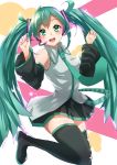  1girl blush boots detached_sleeves green_eyes green_hair hatsune_miku headset highres long_hair looking_at_viewer necktie open_mouth plaster_(2501) skirt solo thigh-highs thigh_boots twintails very_long_hair vocaloid 