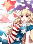  1girl american_flag_legwear american_flag_shirt blonde_hair clownpiece fairy_wings hat highres jester_cap long_hair looking_at_viewer open_mouth outstretched_arm pantyhose print_legwear red_eyes short_sleeves smile solo star striped suzune_hapinesu touhou wings 