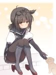  1girl black_hair brown_eyes dog feeding gloves hair_flaps hairband hatsuzuki_(kantai_collection) jakey kantai_collection puppy school_uniform serafuku short_hair sitting skirt solo 