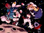  3girls animal_ears black_hair blonde_hair blue_dress blue_hair blush damenaito dress eye_contact food full_body hammer hat hat_ribbon kneehighs long_hair long_sleeves looking_at_another low_twintails maribel_hearn mary_janes mob_cap mochi moon multiple_girls necktie open_mouth profile puffy_sleeves purple_dress rabbit rabbit_ears red_eyes ribbon rocket seiran_(touhou) shirt shoes short_hair short_sleeves skirt smile socks space star touhou twintails usami_renko violet_eyes wagashi white_legwear 