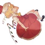  1girl arm_up ascot bangs black_shoes blonde_hair flandre_scarlet frilled_skirt frills full_body hat hat_ribbon high_heels kikkaiki looking_at_viewer mary_janes mob_cap outstretched_arm puffy_short_sleeves puffy_sleeves red_eyes red_ribbon red_skirt ribbon shoes short_sleeves simple_background skirt skirt_set smile solo touhou vest white_background white_legwear wings 