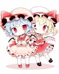  2girls bat_wings blonde_hair blue_hair blush chibi crystal flandre_scarlet full_body hat hat_ribbon holding_hands kneehighs kyou_(nekoneko) looking_at_viewer mary_janes mob_cap multiple_girls one_eye_closed puffy_sleeves red_eyes remilia_scarlet ribbon shirt shoes short_hair short_sleeves siblings side_ponytail simple_background sisters skirt skirt_set touhou vest white_background white_legwear wings wrist_cuffs 