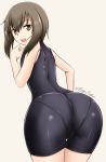  1girl :d ass bare_shoulders bodysuit brown_eyes brown_hair from_behind fuuma_nagi kantai_collection looking_at_viewer looking_back open_mouth panties pantylines short_hair simple_background skin_tight smile solo taihou_(kantai_collection) twitter_username underwear unitard 