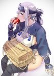  1girl ainu_clothes black_legwear blue_eyes breasts eating folded_ponytail food hair_between_eyes headband highres holding holding_food kamoi_(kantai_collection) kantai_collection large_breasts long_hair nathaniel_pennel sitting solo thigh-highs tomato white_background white_hair 